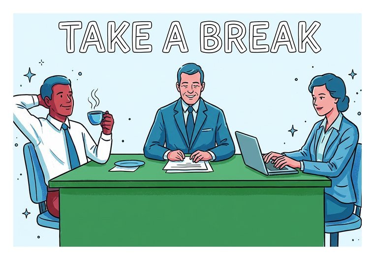 Illustration of three clerks relaxing around a desk labeled 'Take a break'