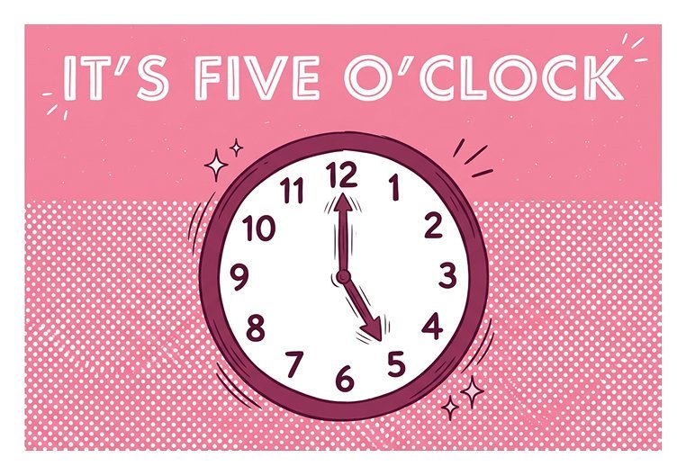 Illustration of a clock striking five with the caption 'It's five o'clock'