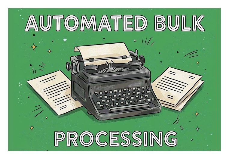 Illustration of a typewriter with stacks of paper labeled 'Automated bulk processing'